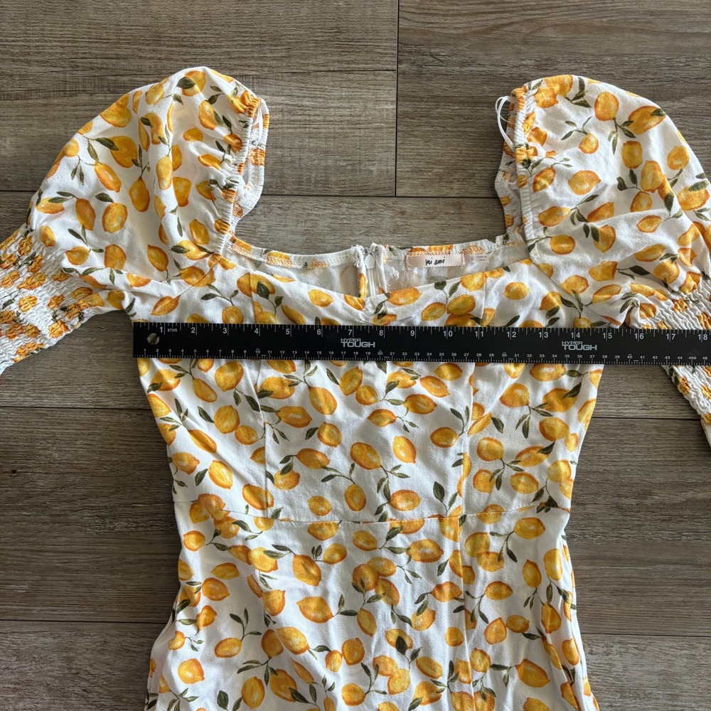 Mi Ami Mini Dress Women Size S White Lemon Print‎ Puff Sleeve Linen Rayon Amaria - Picture 5 of 8